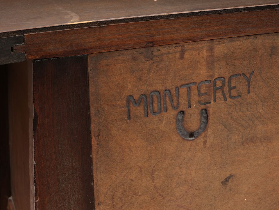 A MONTEREY IRON MOUNTED PAINT DECORATED OLD WOOD LIGHT STAINED DOUBLE DOOR BUFFETCirca 1931 - 2