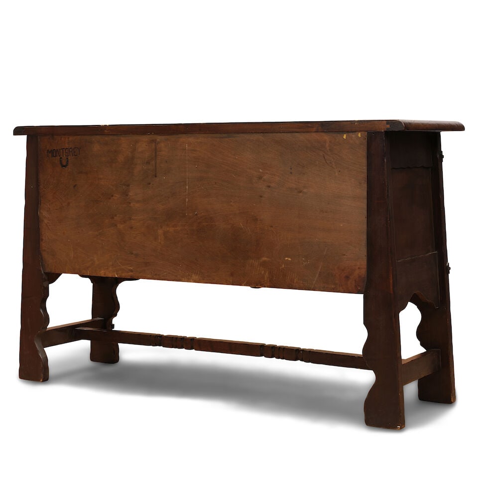 A MONTEREY IRON MOUNTED PAINT DECORATED OLD WOOD LIGHT STAINED DOUBLE DOOR BUFFETCirca 1931 - 3