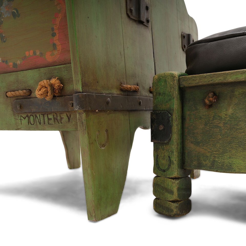 A MONTEREY IRON MOUNTED ROPE AND PAINT DECORATED SPAINISH GREEN STAINED 'BUCKAROO' LOUNGE CHAIR ... - 2