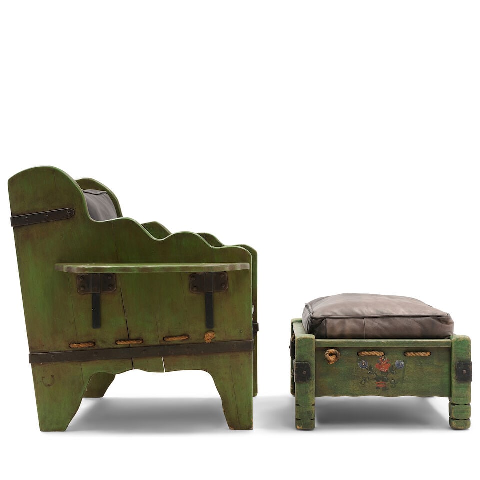 A MONTEREY IRON MOUNTED ROPE AND PAINT DECORATED SPAINISH GREEN STAINED 'BUCKAROO' LOUNGE CHAIR ... - 3