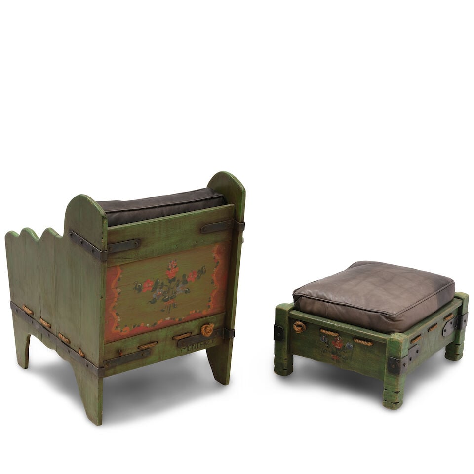 A MONTEREY IRON MOUNTED ROPE AND PAINT DECORATED SPAINISH GREEN STAINED 'BUCKAROO' LOUNGE CHAIR ... - 4