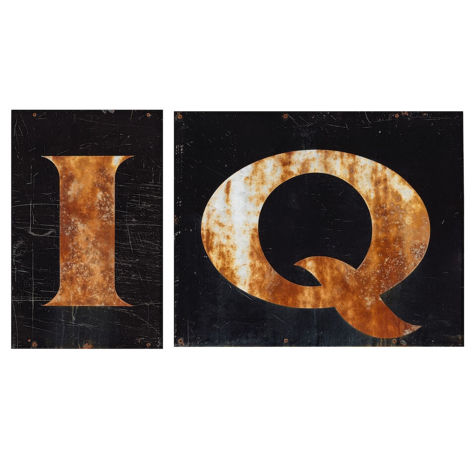 TWO FRAMED PAINTED METAL I AND Q SIGNS20th century: TWO FRAMED PAINTED METAL I AND Q SIGNS 20th century 'I' framed dimensions 40 1/4 x 27 3/4in; 'Q' framed dimensions 40 3/8 x 49in This lot is subject to the following lot symbols: ¤ ¤ Unless