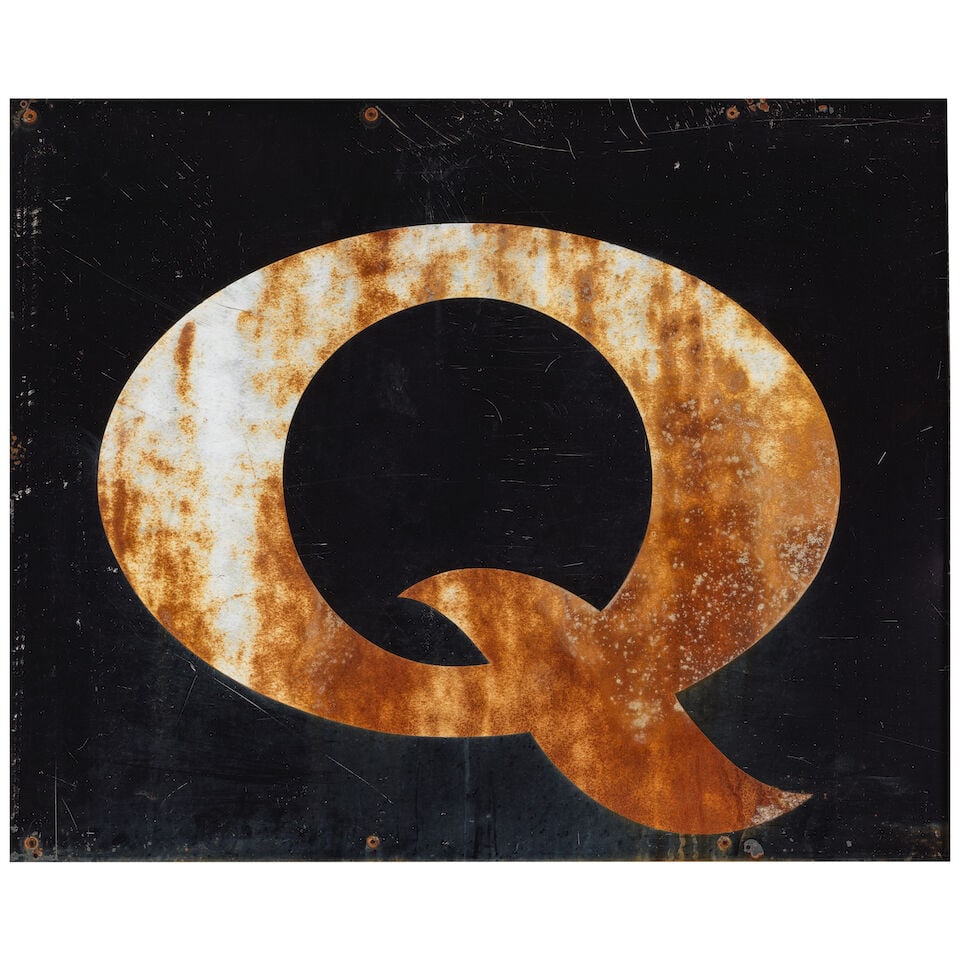 TWO FRAMED PAINTED METAL I AND Q SIGNS20th century - 2