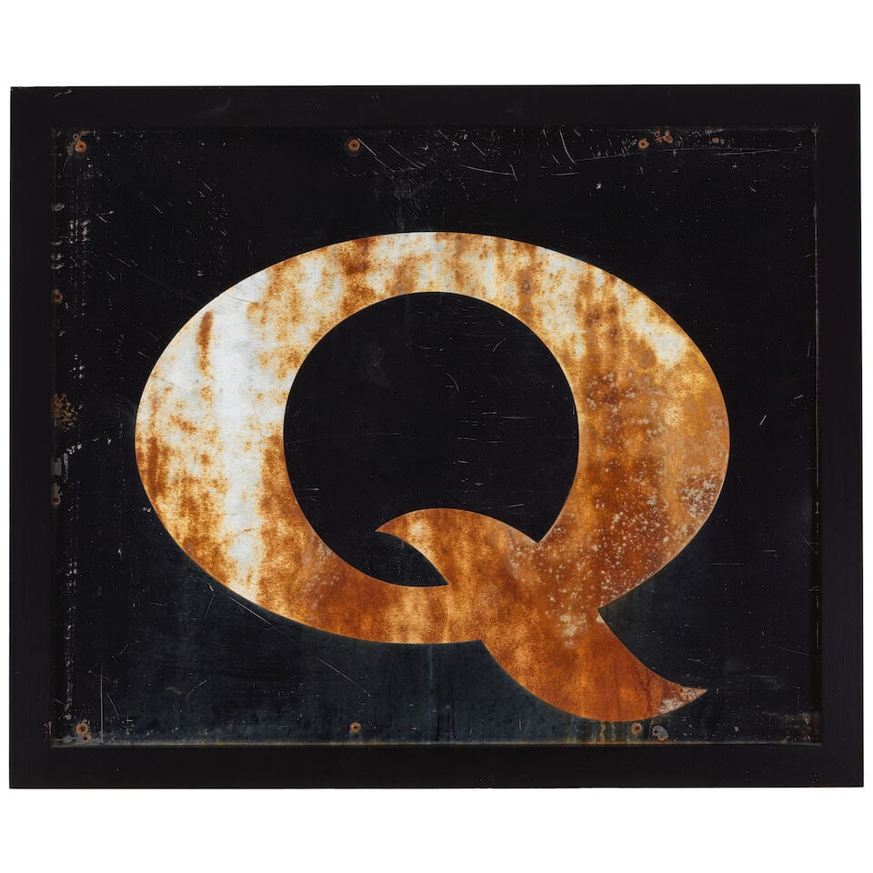 TWO FRAMED PAINTED METAL I AND Q SIGNS20th century - 3