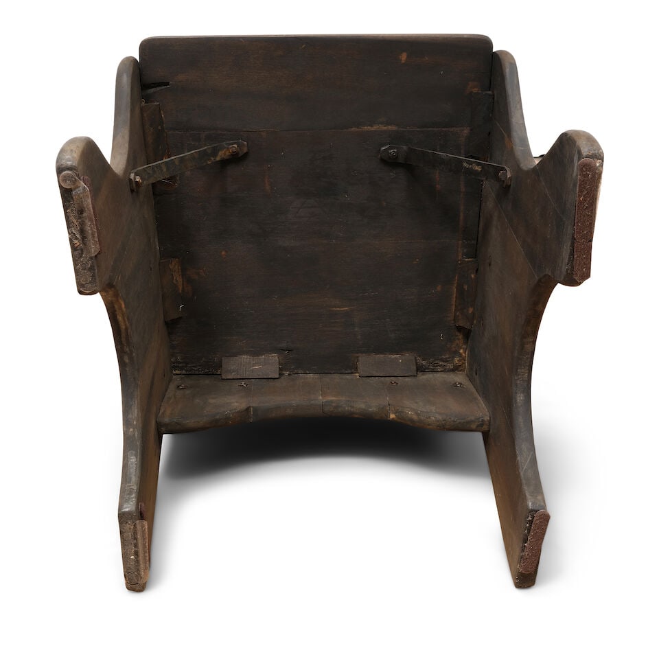 A SET OF TWELVE MONTEREY IRON AND OLD WOOD LIGHT STAINED WOOD 'MONK'S' CHAIRSCirca 1930 - 2