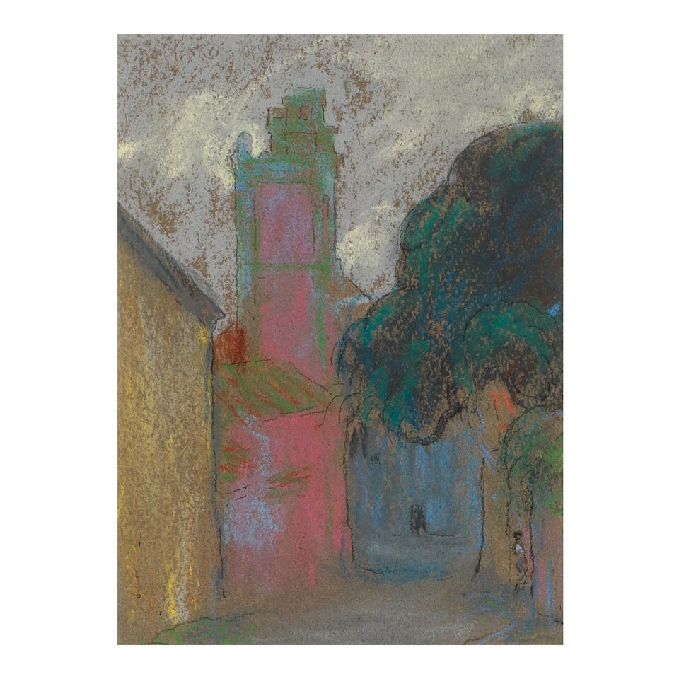 WILLIAM PENHALLOW HENDERSON (AMERICAN, 1877-1943) Pink Church - Azores sight 4 1/2 x 3 1/2infram...: WILLIAM PENHALLOW HENDERSON (AMERICAN, 1877-1943) Pink Church - Azores titled and dated '1903' (on a fragment affixed to the backing) and estate stamped (on the backing) pastel and pencil on