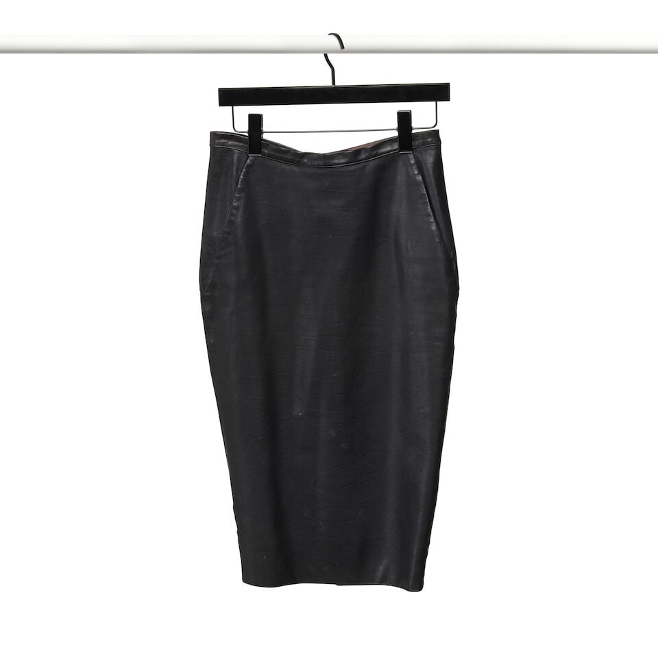 A RICK OWENS BLACK LEATHER SKIRT SUIT - 3