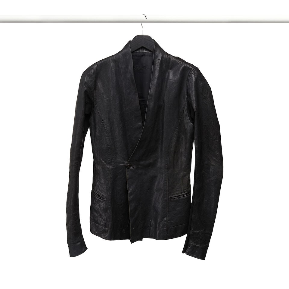 A RICK OWENS BLACK LEATHER SKIRT SUIT - 4