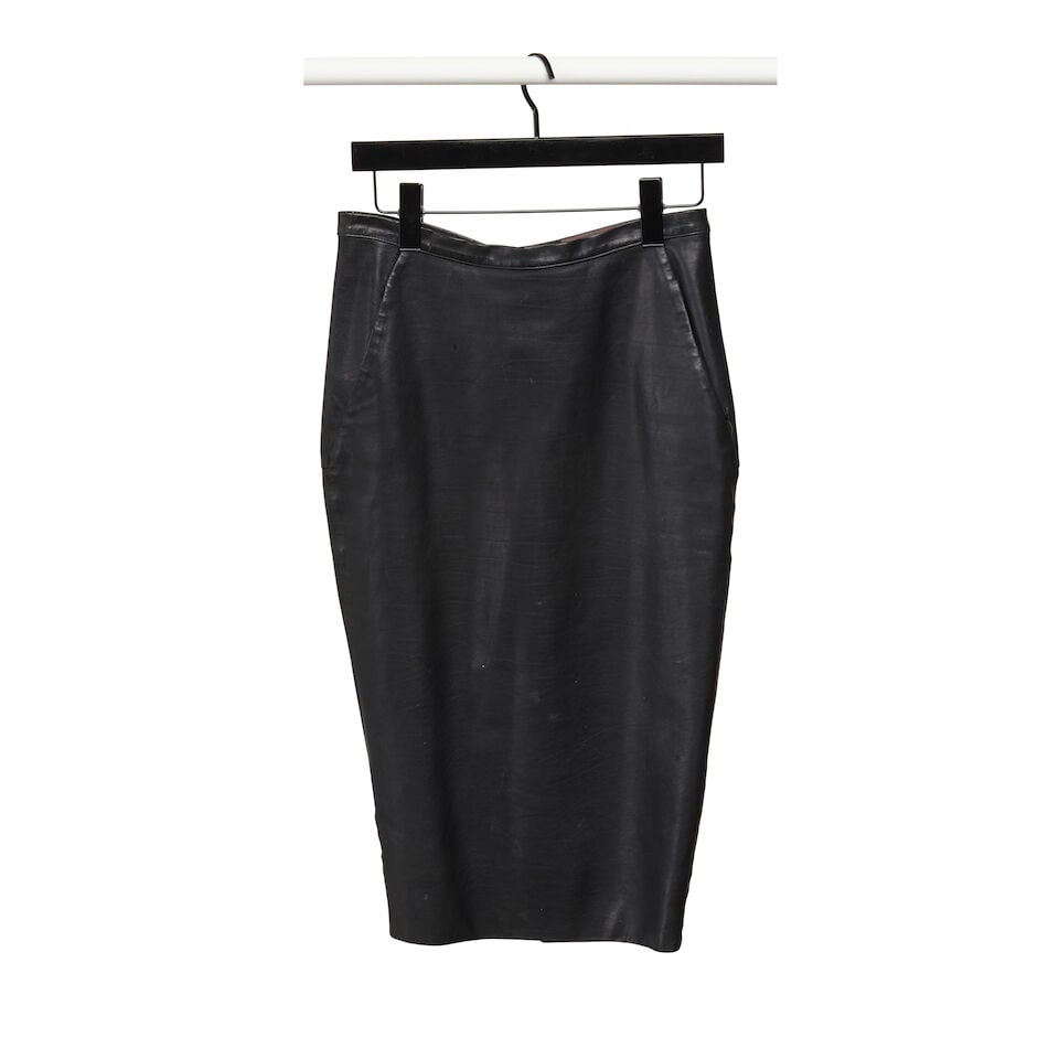 A RICK OWENS BLACK LEATHER SKIRT SUIT - 6
