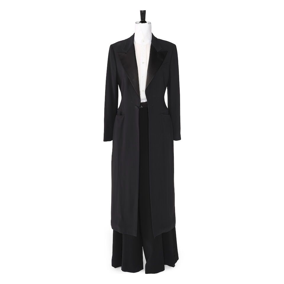 A RALPH LAUREN PURPLE LABEL BLACK EVENING TAILCOAT AND PANTS: A RALPH LAUREN PURPLE LABEL BLACK EVENING TAILCOAT AND PANTS Comprising a tailcoat marked size 6, a pair of pants with no marked size, and a white button-down shirt, together with a similar pair of Ra