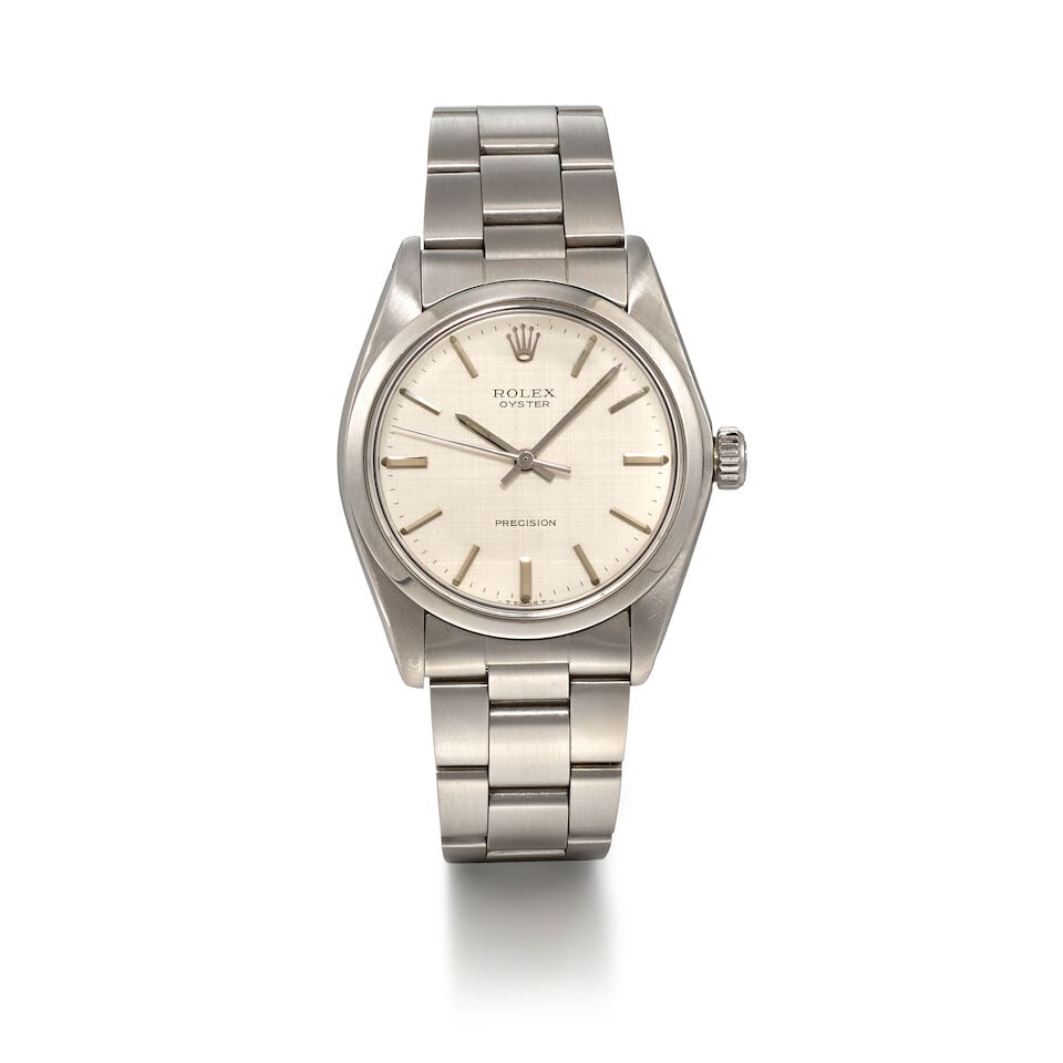 A ROLEX STAINLESS STEEL SOLID-LINK 'OYSTER' MANUAL WIND BRACELET WATCH: A ROLEX STAINLESS STEEL SOLID-LINK 'OYSTER' MANUAL WIND BRACELET WATCH Reference 78350, Precision model, with silvered dial, round screw down case back, stainless steel Oyster link with folding