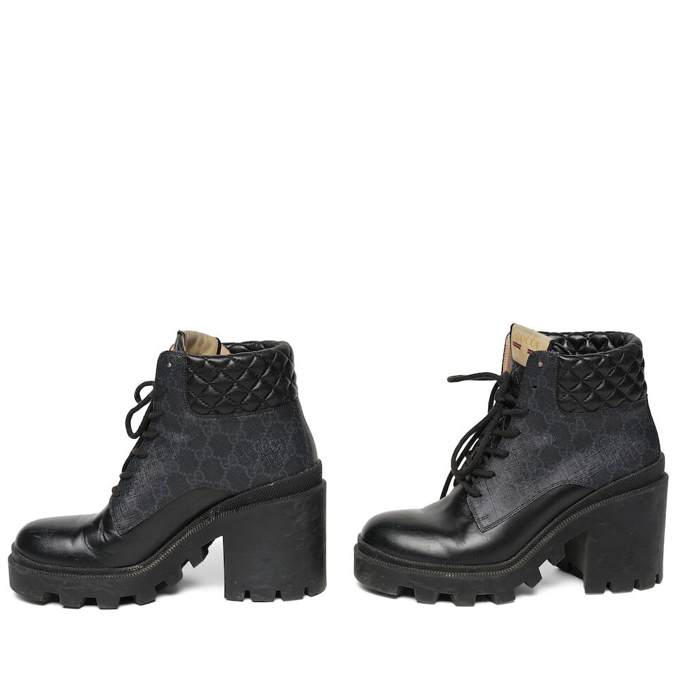 A PAIR OF GUCCI BLACK GG COMBAT BOOTS - 2
