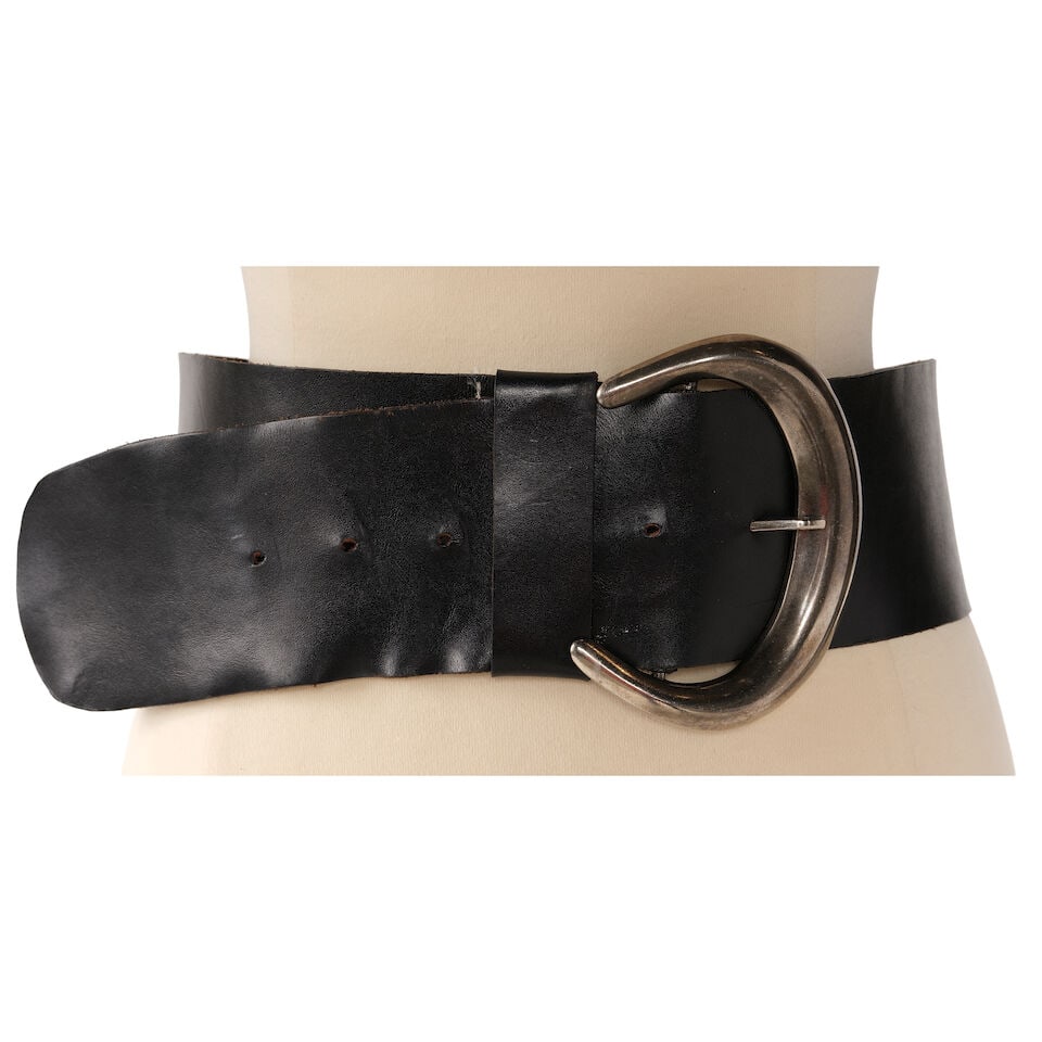 A BLACK LEATHER WIDE BELT: A BLACK LEATHER WIDE BELT With large silver-toned buckle, no marked size. length 36 1/2in Footnotes: Worn on many occasions including in the film Because I Said So, 2007. This lot is subject to the
