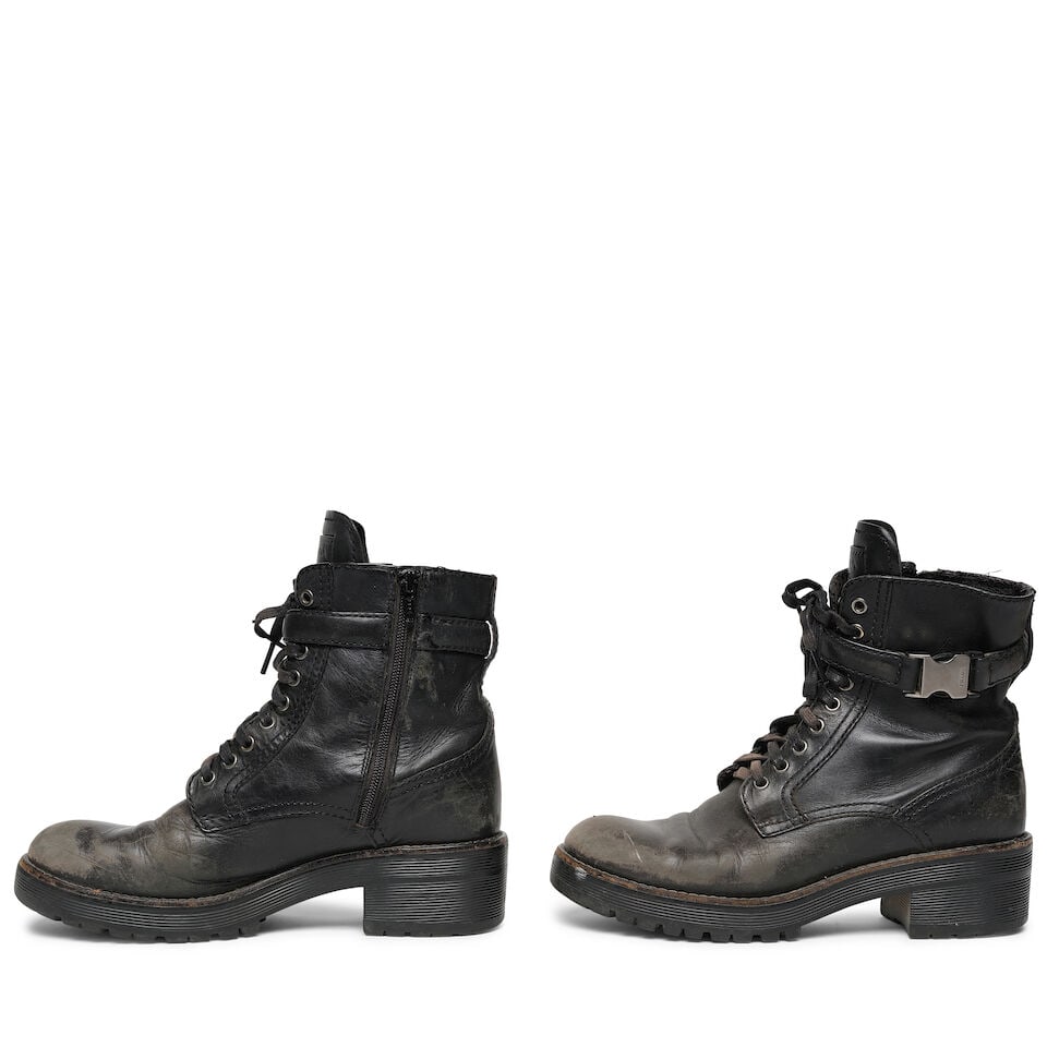 A PAIR OF PRADA BLACK LEATHER SPORT MID-CALF COMBAT BOOTS - 2