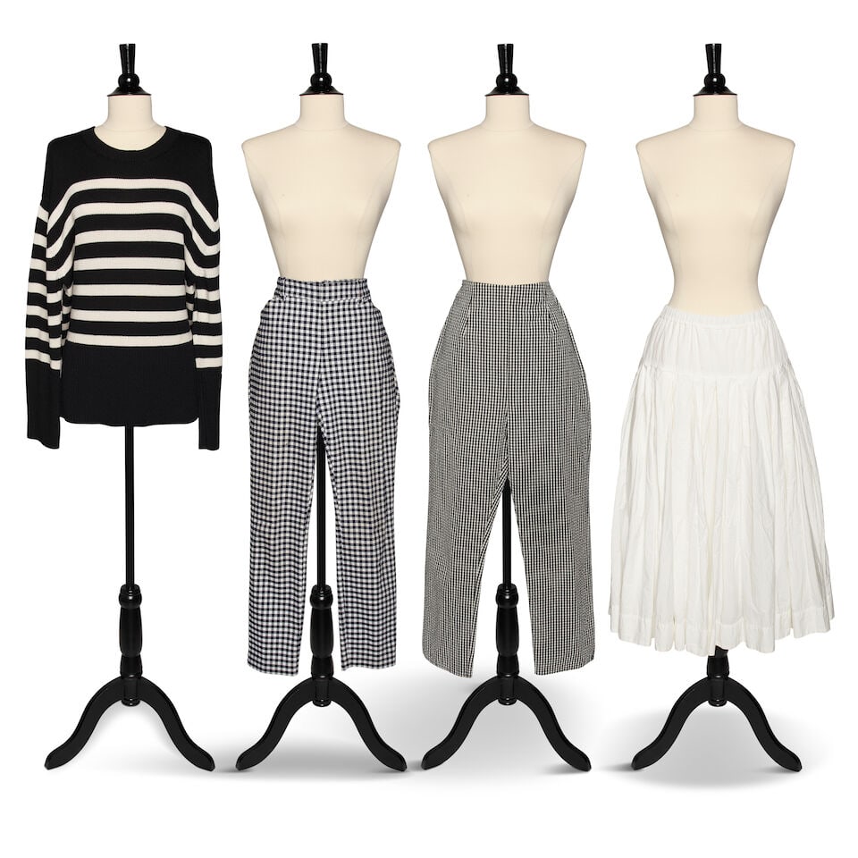 A GROUP OF BLACK AND WHITE CLOTHING: A GROUP OF BLACK AND WHITE CLOTHING Comprising a Gap black and white knit sweater marked size S, a pair of Gap Signature Skinny Ankle black and white gingham pants marked size 8, a pair of unmarked