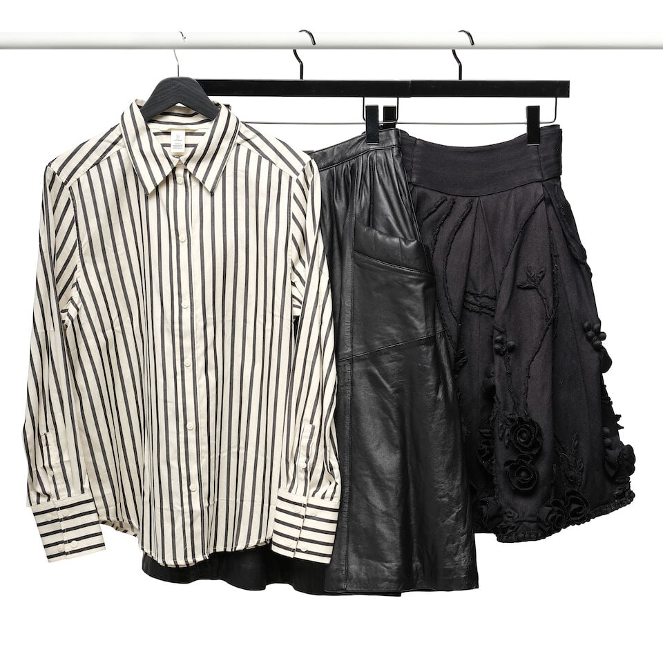 AN H&M BLACK AND WHITE STRIPED BUTTON-DOWN SHIRT, OAK BLACK LEATHER SKIRT, AND DONNA KAREN SKIRT - 2