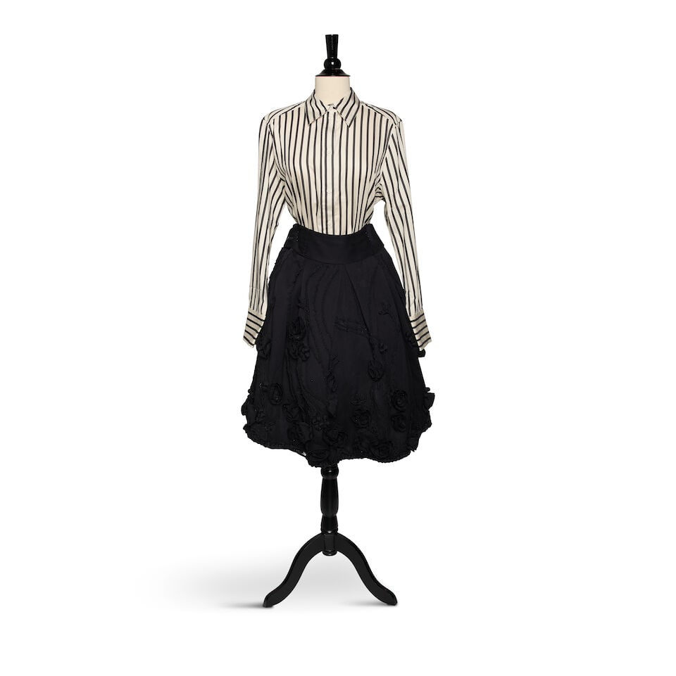 AN H&M BLACK AND WHITE STRIPED BUTTON-DOWN SHIRT, OAK BLACK LEATHER SKIRT, AND DONNA KAREN SKIRT - 3