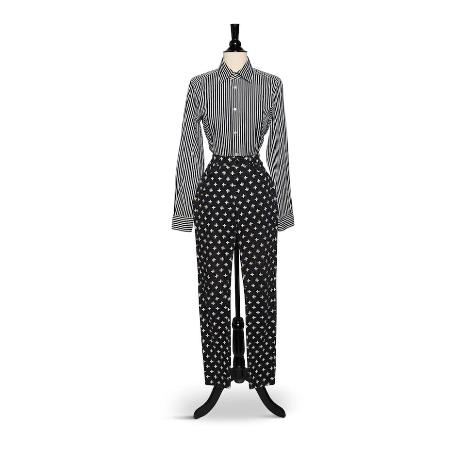 A PAUL SMITH BLACK JACKET WITH WHITE CROSSES, A RALPH LAUREN BLACK AND WHITE VERTICAL STRIPED BU...: A PAUL SMITH BLACK JACKET WITH WHITE CROSSES, A RALPH LAUREN BLACK AND WHITE VERTICAL STRIPED BUTTON-DOWN SHIRT, AND A PAIR OF H&M BLACK CROPPED PANTS WITH WHITE CROSSES The jacket marked size 38,