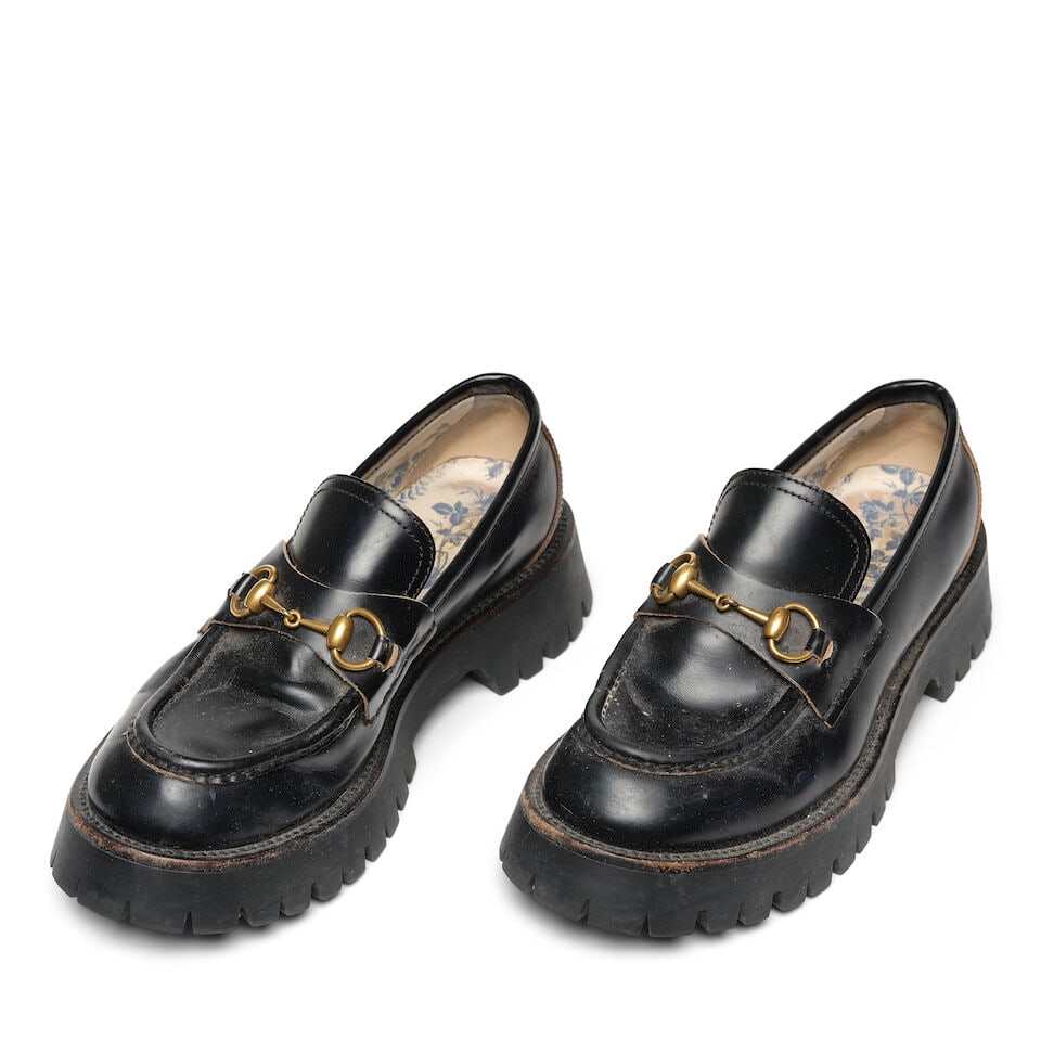 A PAIR OF GUCCI BLACK LEATHER HARALD SOLE HORSEBIT LOAFERS: A PAIR OF GUCCI BLACK LEATHER HARALD SOLE HORSEBIT LOAFERS Marked size 40. Footnotes: Literature Keaton, Diane. Fashion First. Rizzoli, New York, 2024. This lot is subject to the following lot symbols