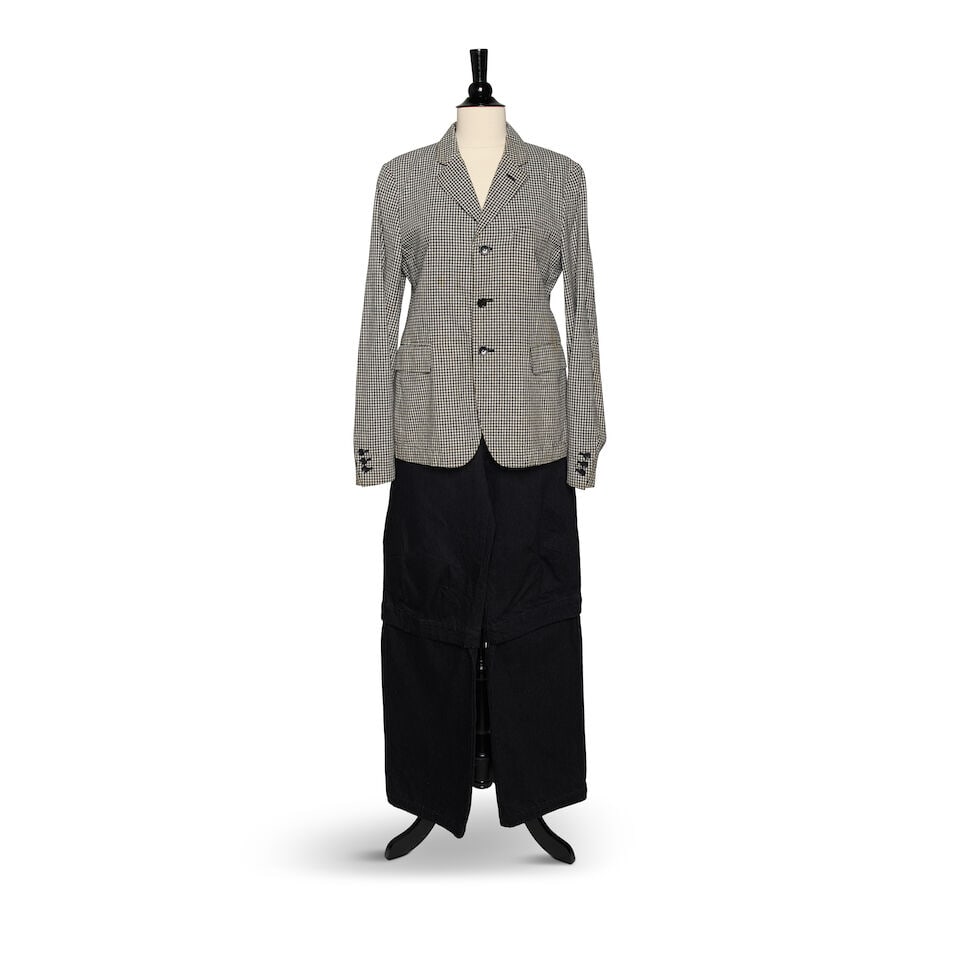 A COMMES DE GARÇONS BLACK LABEL GINGHAM BLAZER AND A PAIR OF MAISON KITSUNÉ BLACK COTT...: A COMMES DE GARÇONS BLACK LABEL GINGHAM BLAZER AND A PAIR OF MAISON KITSUNÉ BLACK COTTON DRAWSTRING PANTS The blazer marked size S and the pants marked size XS. Footnotes: The jacket feature
