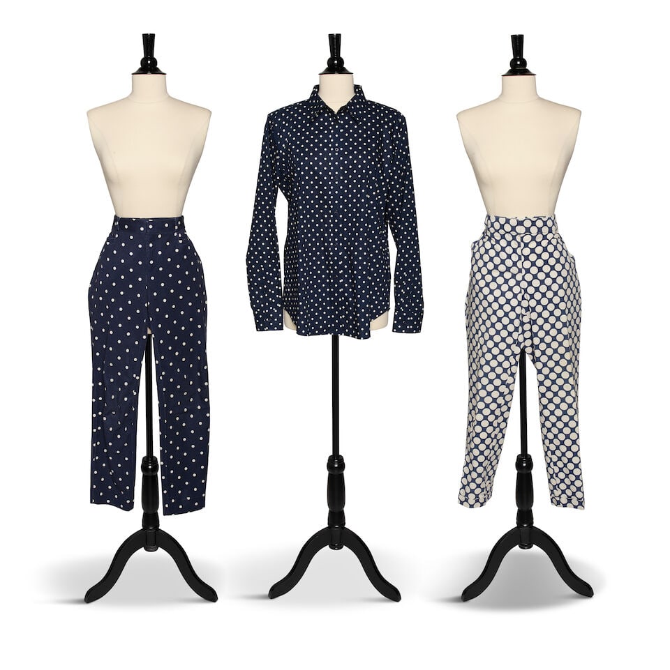 A GROUP OF BLUE AND WHITE POLKA DOT CLOTHING: A GROUP OF BLUE AND WHITE POLKA DOT CLOTHING Comprising a Ralph Lauren button-down shirt marked size LG, a pair of Banana Republic pants marked size 6, and a pair of pants, tags removed. (3) This lot
