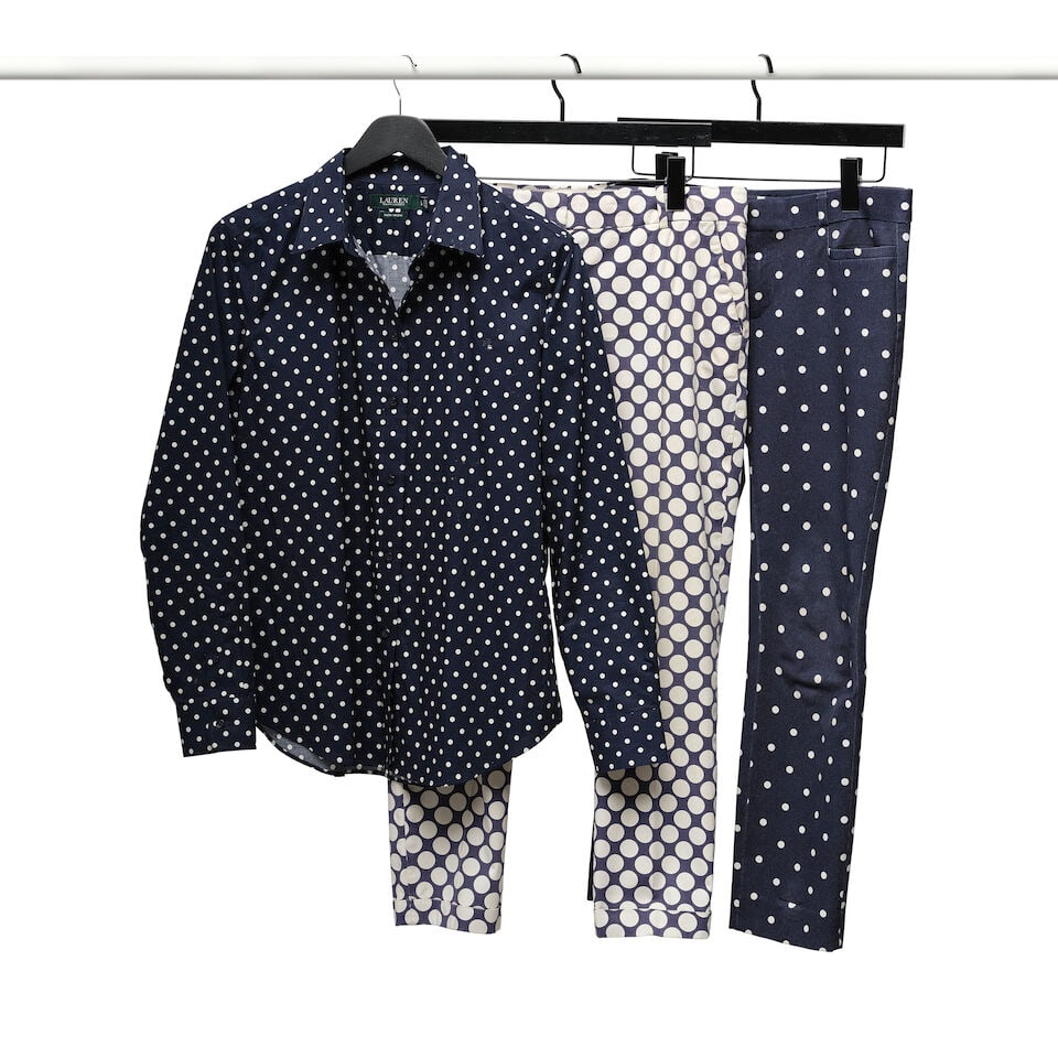 A GROUP OF BLUE AND WHITE POLKA DOT CLOTHING - 2