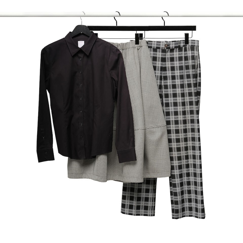 A BROOKS BROTHERS BLACK BUTTON-DOWN COLLARED SHIRT, PAIR OF BLACK AND WHITE PLAID PANTS, AND COM... - 2