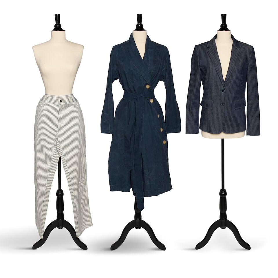 A GROUP OF NAVY CLOTHING: A GROUP OF NAVY CLOTHING Comprising a United Colors of Benneton blue pinstripe cotton single-breasted jacket marked size 44, a Ricorrrobe blue cotton structured long jacket marked size S and a pair