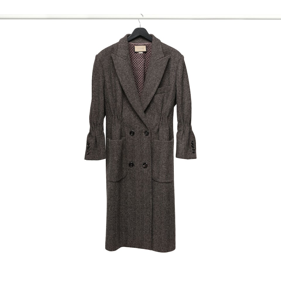 A GUCCI BLACK AND GRAY BROWN WOOL BLEND BUTTON-DOWN COLLARED COAT - 2