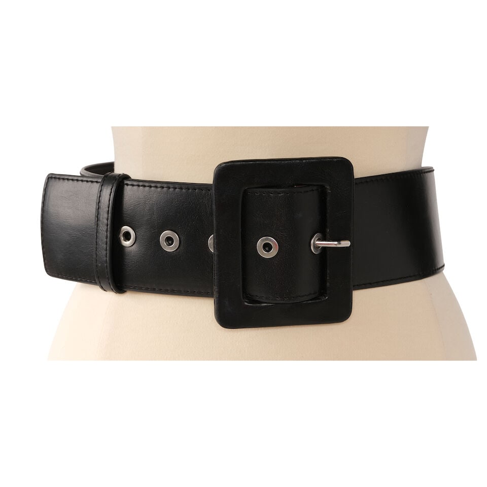 A MICHAEL KORS BLACK SYNTHETIC LEATHER WIDE BELT: A MICHAEL KORS BLACK SYNTHETIC LEATHER WIDE BELT With black synthetic leather buckle and silver-toned hardware, marked size M. This lot is subject to the following lot symbols: ¤ ¤ Unless