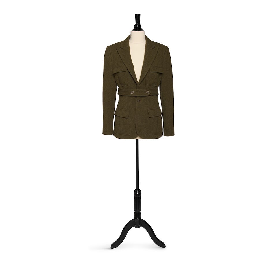 A RALPH LAUREN PURPLE LABEL OLIVE GREEN WOOL BLEND BELTED JACKET: A RALPH LAUREN PURPLE LABEL OLIVE GREEN WOOL BLEND BELTED JACKET Marked size 4. This lot is subject to the following lot symbols: ¤ ¤ Unless indicated by the ¤ symbol next to the lot nu