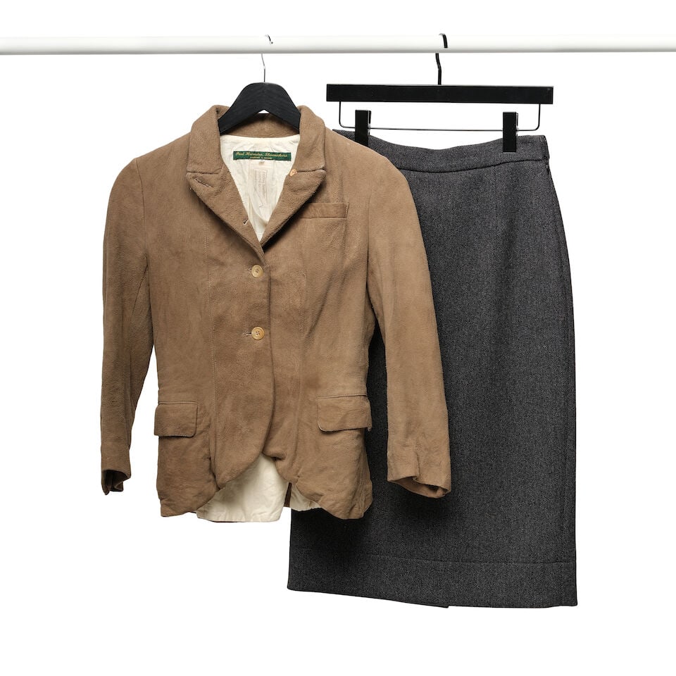 A PAUL HARNDEN SHOEMAKERS TAN SUEDE BLAZER AND A PRADA GRAY PENCIL SKIRT - 2