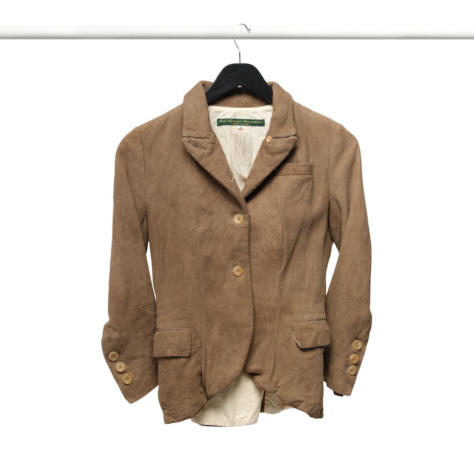 A PAUL HARNDEN SHOEMAKERS TAN SUEDE BLAZER AND A PRADA GRAY PENCIL SKIRT - 4