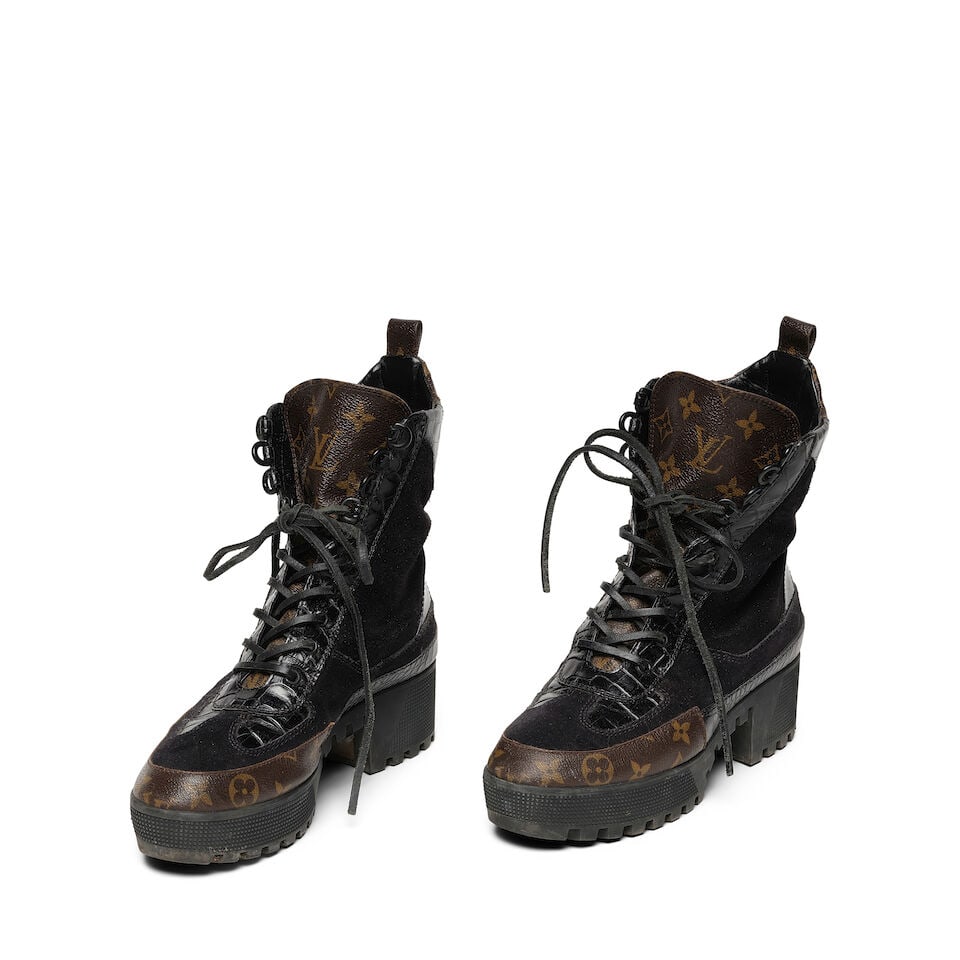 A PAIR OF LOUIS VUITTON BLACK CROCODILE EMBOSSED LV MONOGRAM AND SUEDE LAUREATE DESERT COMBAT BO... (1 of 2)