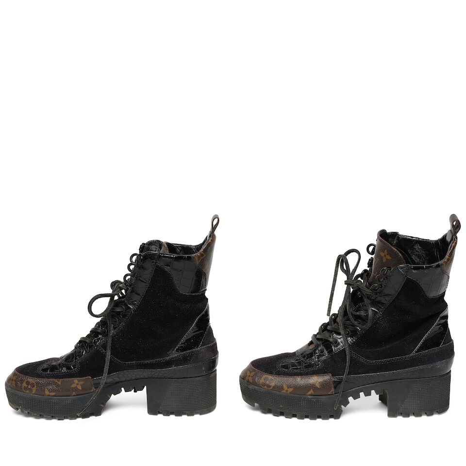 A PAIR OF LOUIS VUITTON BLACK CROCODILE EMBOSSED LV MONOGRAM AND SUEDE LAUREATE DESERT COMBAT BO... - 2