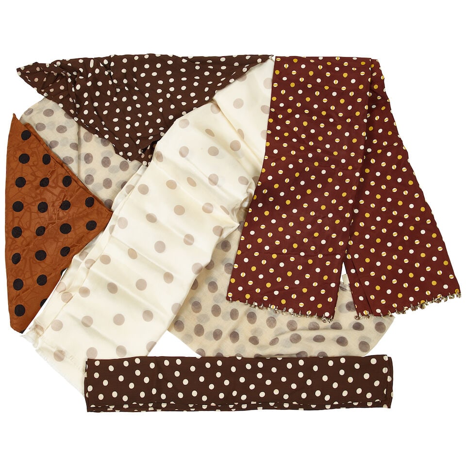A GROUP OF BROWN POLKA DOT SCARVES: A GROUP OF BROWN POLKA DOT SCARVES In various sizes. (6) This lot is subject to the following lot symbols: ¤ ¤ Unless indicated by the ¤ symbol next to the lot number (or bearing an