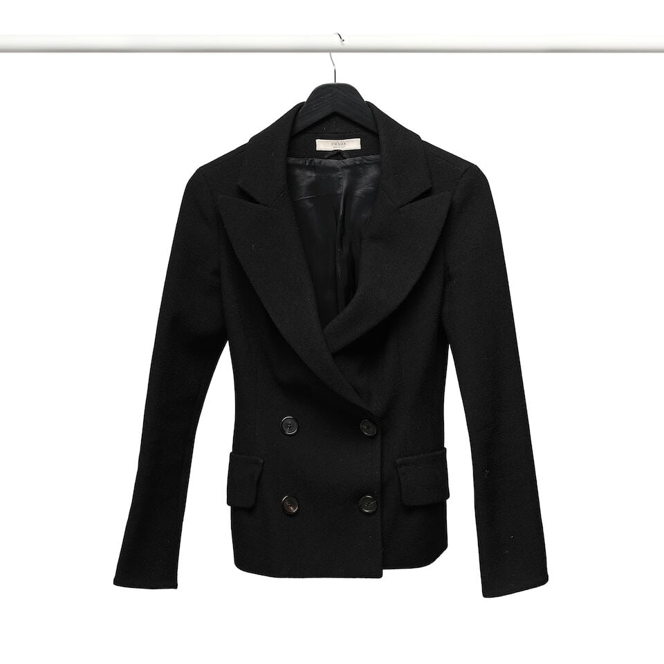 A PRADA BLACK JACKET, UNIQLO BLACK AND WHITE STRIPED COTTON TURTLENECK, AND PAIR OF B SIDES JEANS - 2