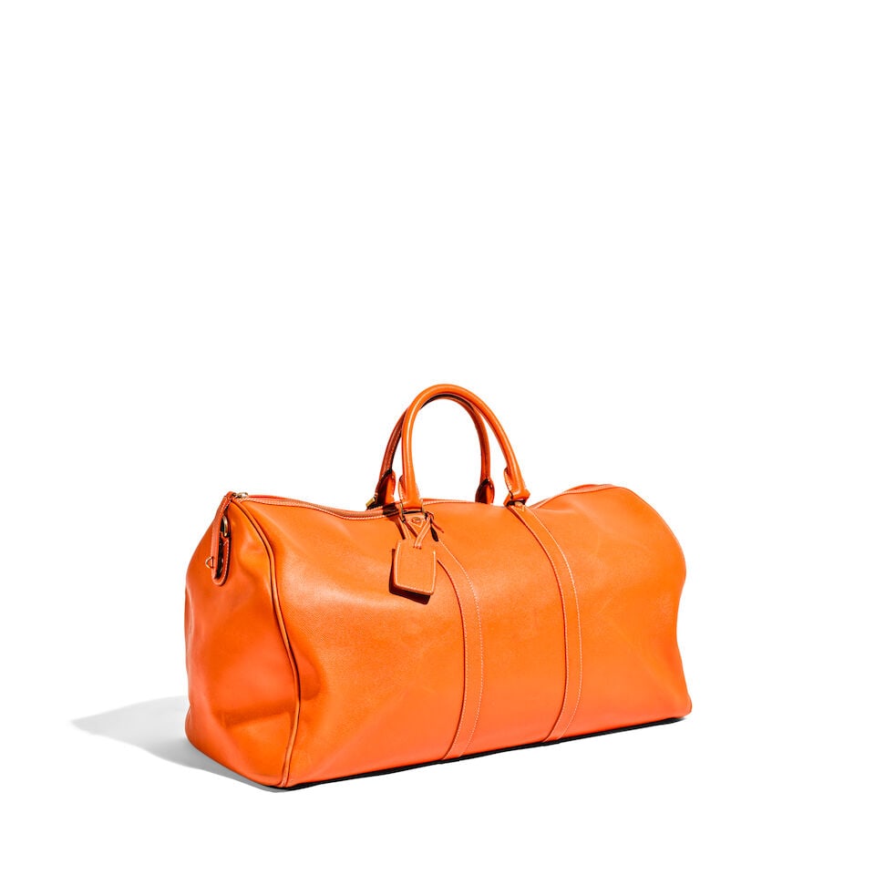 A BARNEYS NEW YORK PERSIMMON ORANGE PEBBLED LEATHER TRAVEL BAG - 2