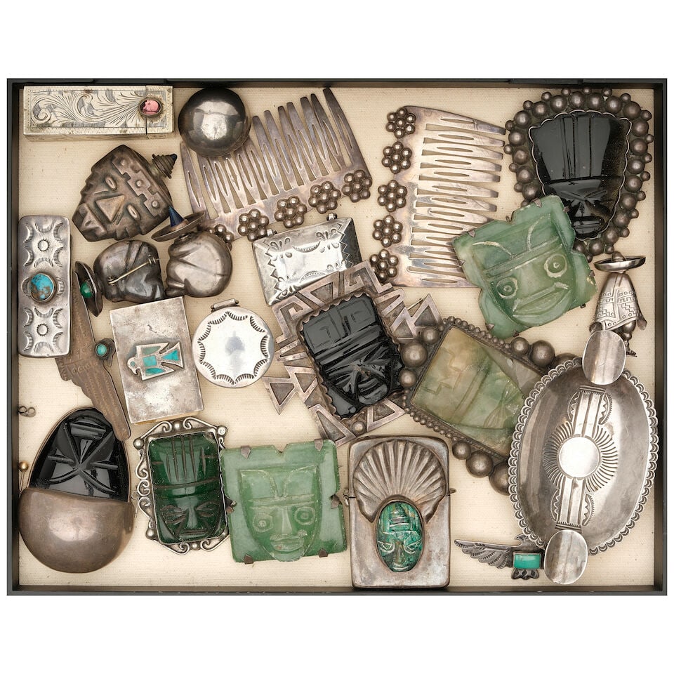 A CURATED BOX OF NATIVE NORTH AND CENTRAL AMERICAN SILVER ACCESSORIES: A CURATED BOX OF NATIVE NORTH AND CENTRAL AMERICAN SILVER ACCESSORIES Including a purple glass inset bright-cut silver lipstick case, a turquoise inset silver money clip, and a Mexican sterling