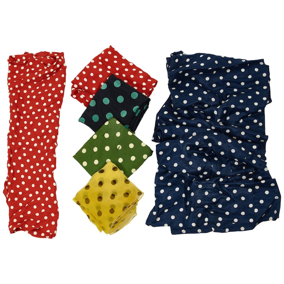 A GROUP OF COLORFUL POLKA DOT SCARVES: A GROUP OF COLORFUL POLKA DOT SCARVES In various colors and sizes. (6) This lot is subject to the following lot symbols: ¤ ¤ Unless indicated by the ¤ symbol next to the lot number (or