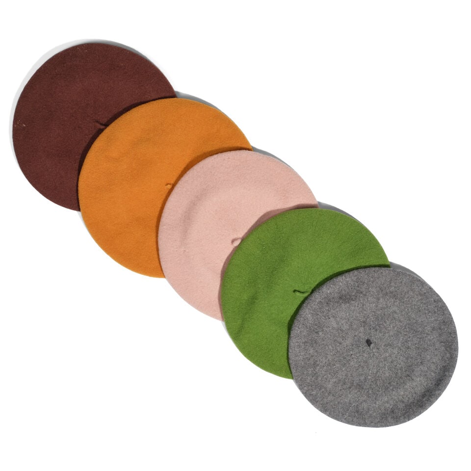 FIVE WOOL BERETS: FIVE WOOL BERETS Various colors and makers, one marked one size. This lot is subject to the following lot symbols: ¤ ¤ Unless indicated by the ¤ symbol next to the lot number (or bearin