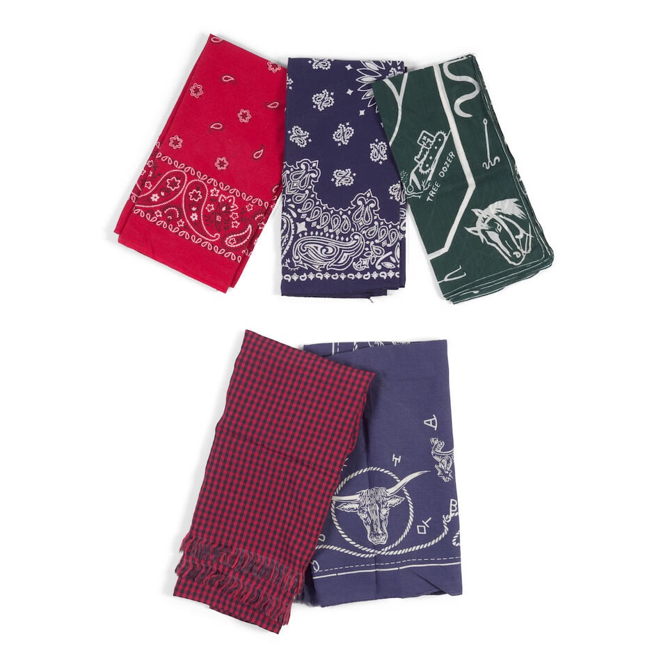 FIVE BANDANAS: FIVE BANDANAS Comprising a red paisley example, a Levi's blue 'cowboy' example, a green 'Santa Gertrudis Creek' example, a blue paisley example, and a red and black Gingham example. This lot is