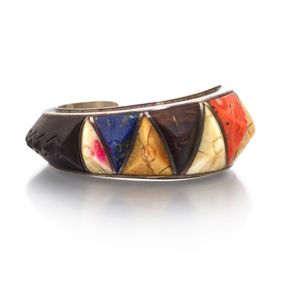 EVELYN (EVELI) SABATIE (ALGERIAN/MOROCCAN BORN 1940): SILVER AND CARVED MULTI-STONE INLAY CUFF B... - 3