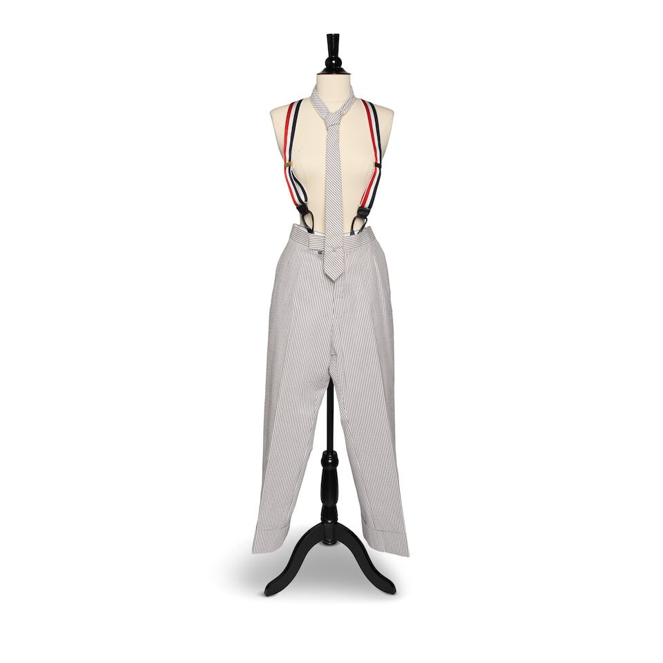 A PAIR OF CUSTOM THOM BROWNE SEERSUCKER PANTS, SUSPENDERS, AND TIE (1 of 2)