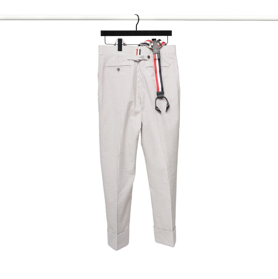 A PAIR OF CUSTOM THOM BROWNE SEERSUCKER PANTS, SUSPENDERS, AND TIE - 2