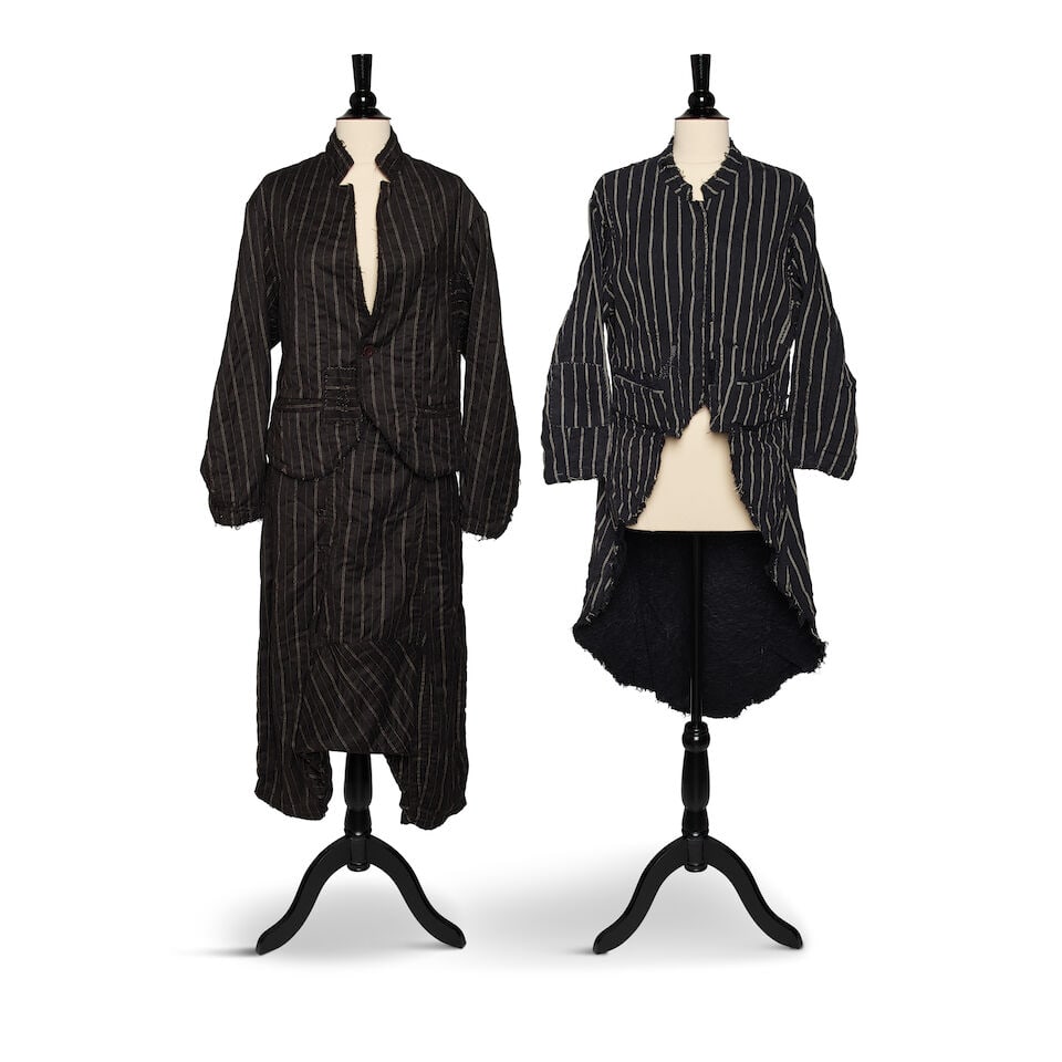 A MAGNOLIA PEARL WHITE STITCHED BLACK WOOL JACKET AND HAREM PANT TWO-PIECE SET AND COTTON COAT (1 of 8)