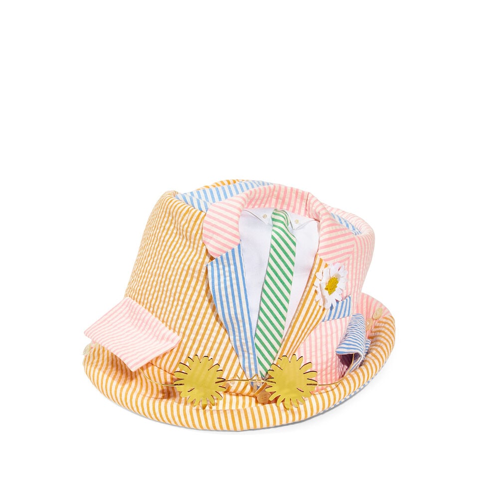 A THOM BROWNE X STEPHEN JONES SEERSUCKER FEDORA AND A PAIR OF RIMLESS 'STARBURST' SUNGLASSES: A THOM BROWNE X STEPHEN JONES SEERSUCKER FEDORA AND A PAIR OF RIMLESS 'STARBURST' SUNGLASSES With original box, no marked size. interior 7 1/2 x 7 1/2in This lot is subject to the following lot