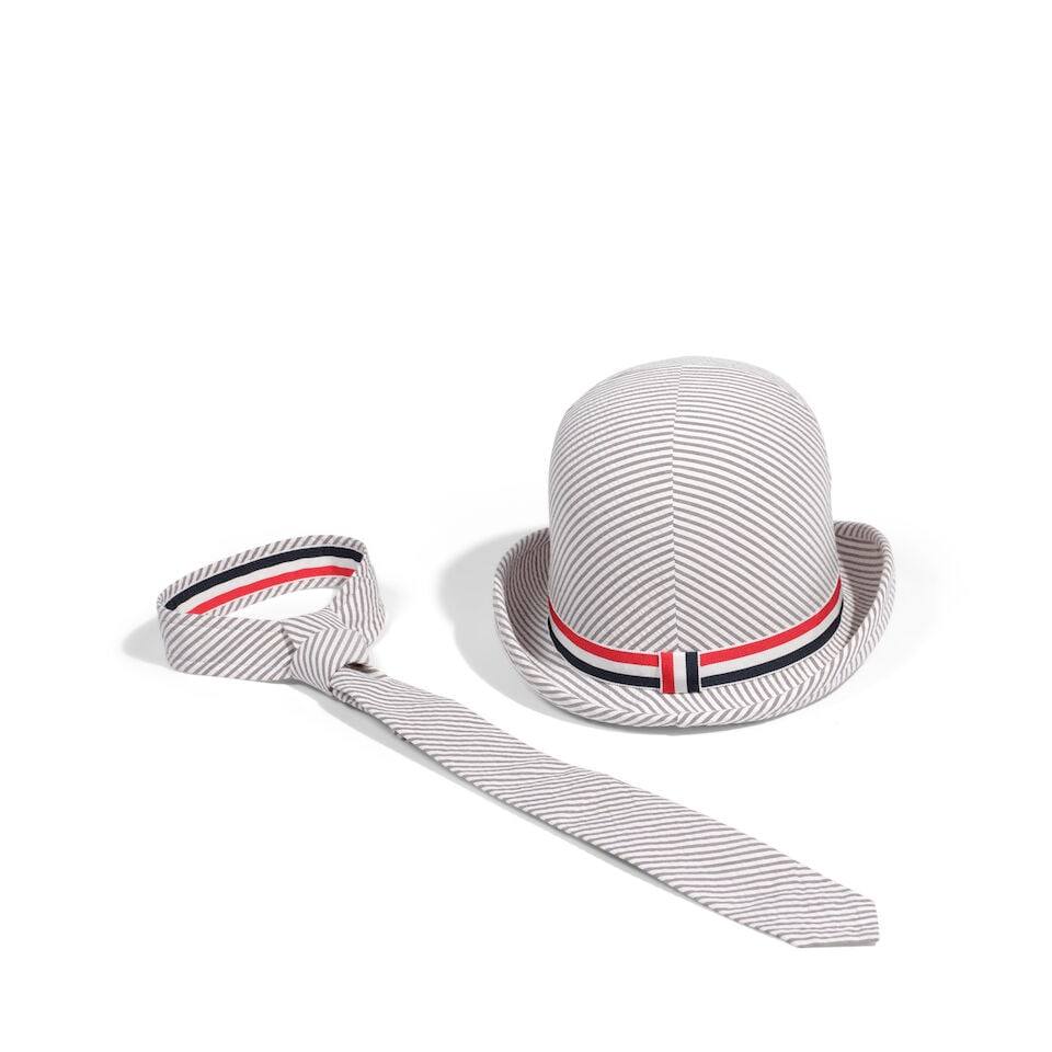 A STEPHEN JONES FOR THOM BROWNE SEERSUCKER COTTON TALL BOWLER HAT WITH RED, WHITE, AND BLUE STRI... (1 of 3)