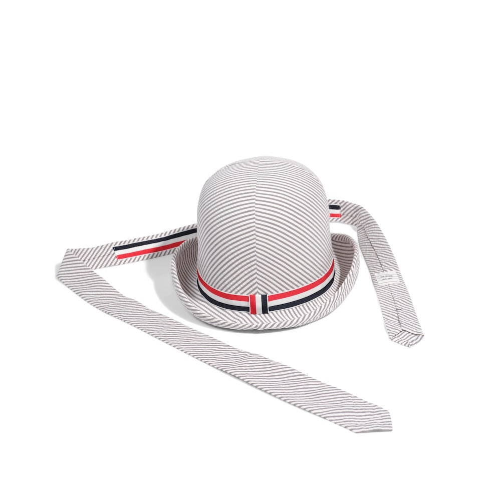 A STEPHEN JONES FOR THOM BROWNE SEERSUCKER COTTON TALL BOWLER HAT WITH RED, WHITE, AND BLUE STRI... - 2