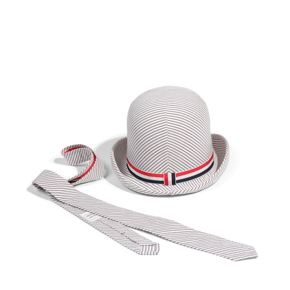 A STEPHEN JONES FOR THOM BROWNE SEERSUCKER COTTON TALL BOWLER HAT WITH RED, WHITE, AND BLUE STRI... - 3